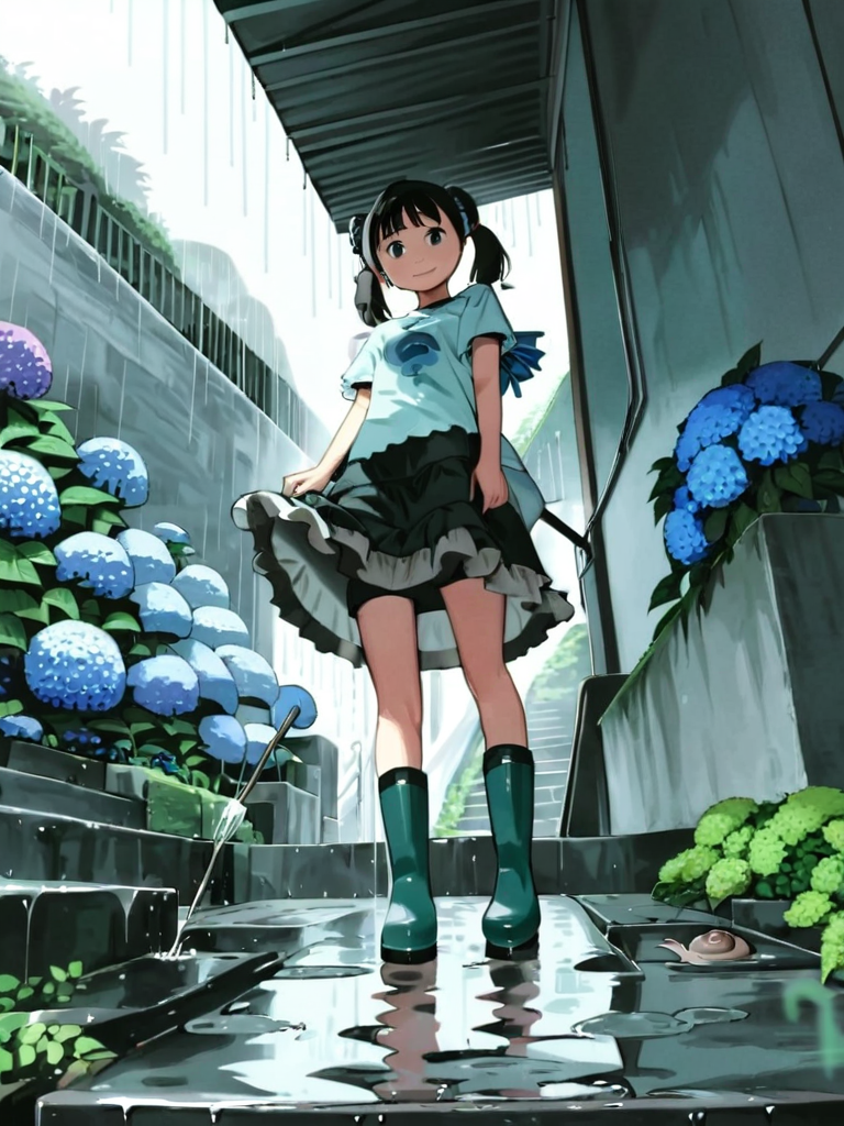 03225-2469728666-_lora_comicloa1_xl_1_,1girl,solo,umbrella,rubber boots,flower,closed umbrella,boots,black hair,skirt,rain,black eyes,twintails,l.png